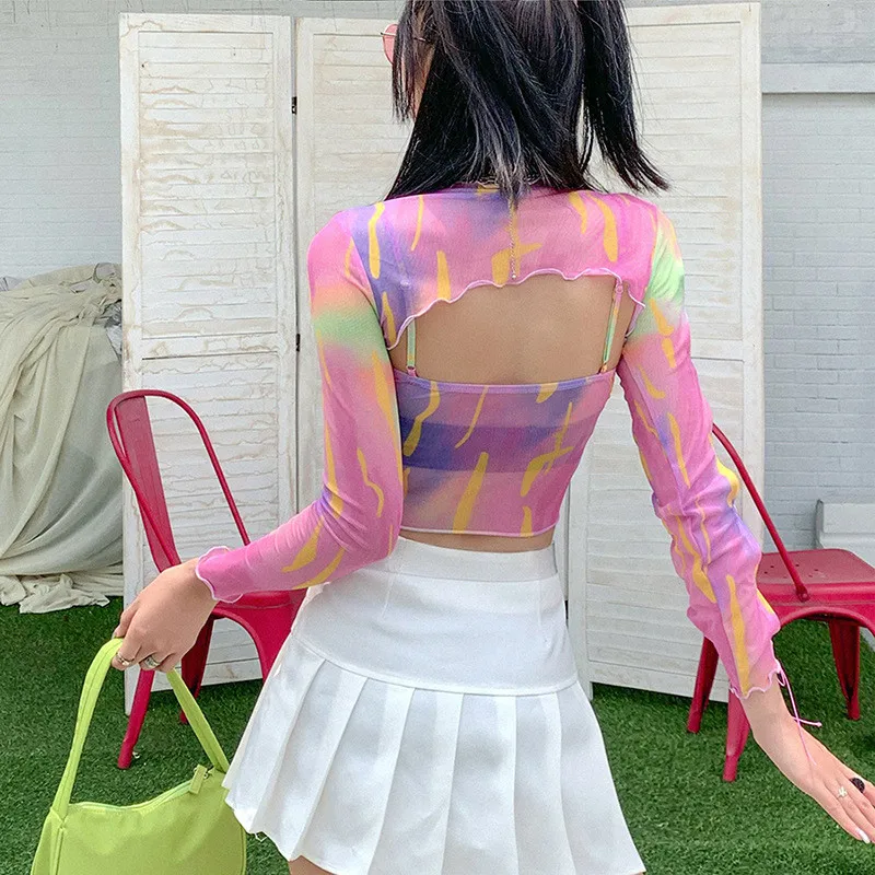 2020 Newest Fashion Women Colorful Print 2 Pieces Mesh Sheer Tight Short Smock Hollow Out Long Sleeve T-Shirts Ruched Camisole