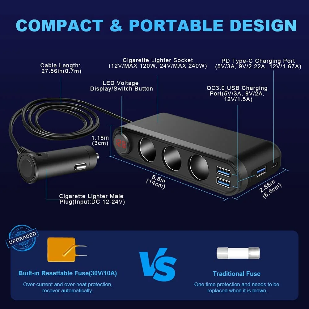 Extractme Car Cigarette Lighter Adapter Splitter 120W QC3.0 USB Fast Charger 4Port Socket with Voltmeter Auto Accessories