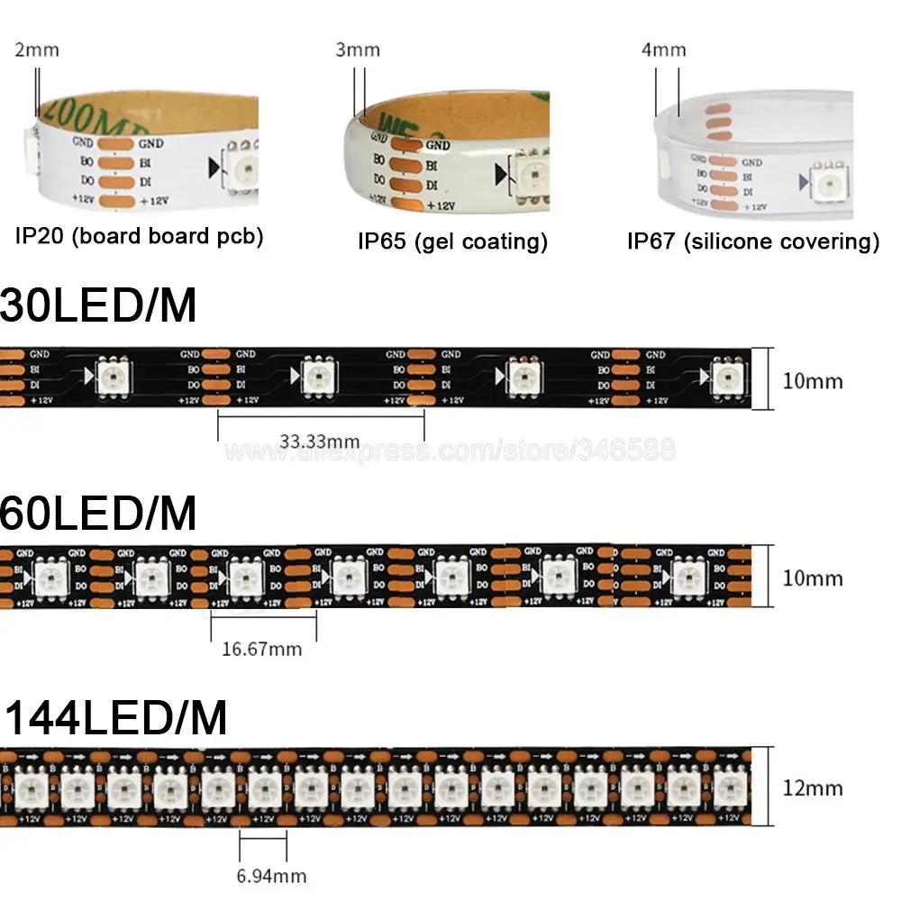 WS2815 (zaktualizowany WS2812B WS2813) pasek pikseli LED RGB SPI indywidualnie adresowalny podwójny sygnał LED 30/60/74/96/144 Leds/m 12V DC