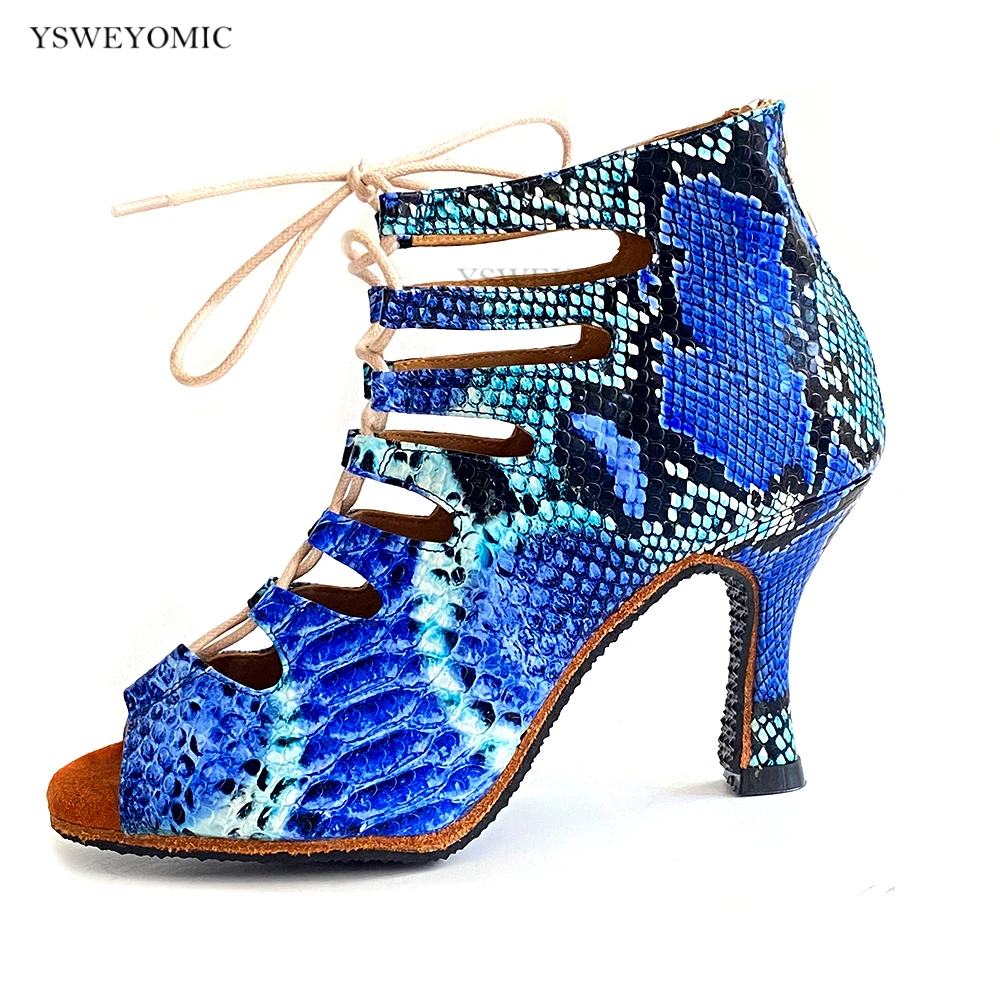 2021 sommer Bachata Latin Dance Schuhe Blau Schlange Druck Leder Oberen High Heel Stabile Praxis Salsa Tanzen Schuhe Für Frauen