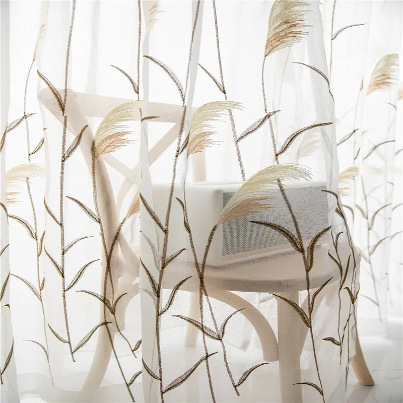 Modern reed leaf embroidered tulle curtain living room curtain bedroom White Tulle kitchen balcony children's room custom yarn