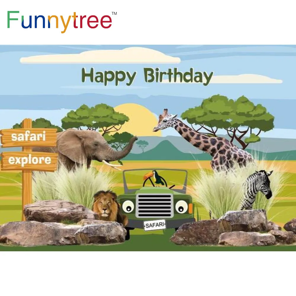 面白い木の安全テーマ誕生日パーティーの背景ワイルドアニマルグラスランドライオン象キリンカスタム装飾写真バナー