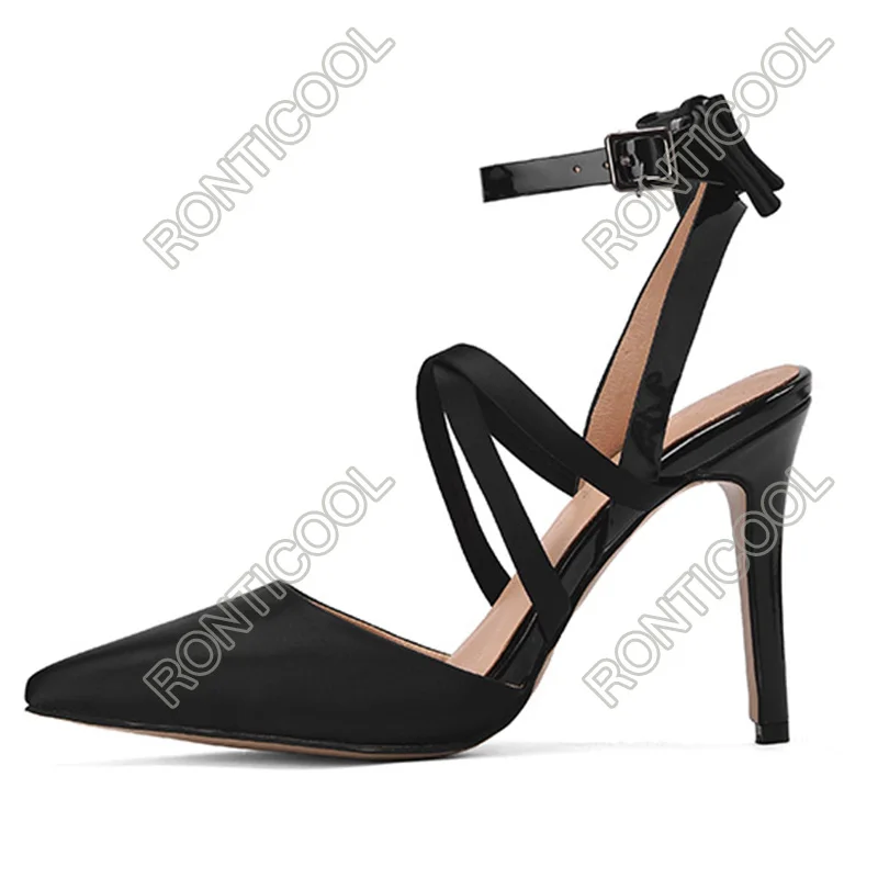 Ronticool Women Sandals Ankle Strap Butterfly Knot Stiletto Heels Pointed Toe Elegant Black Dress Shoes US Size 5-15