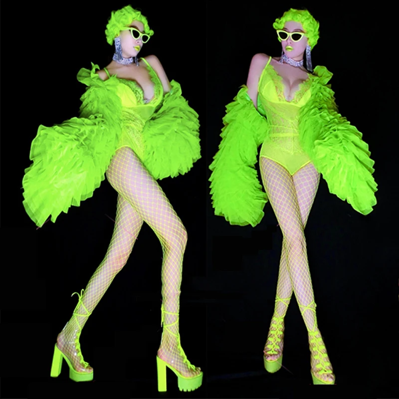 Fluoreszierender grüner Spitzen-Body Drag Queen Kostüme Retro Puffärmel Sexy Rave Outfit Nachtclub Gogo Tänzerin Kostüm DNV15155