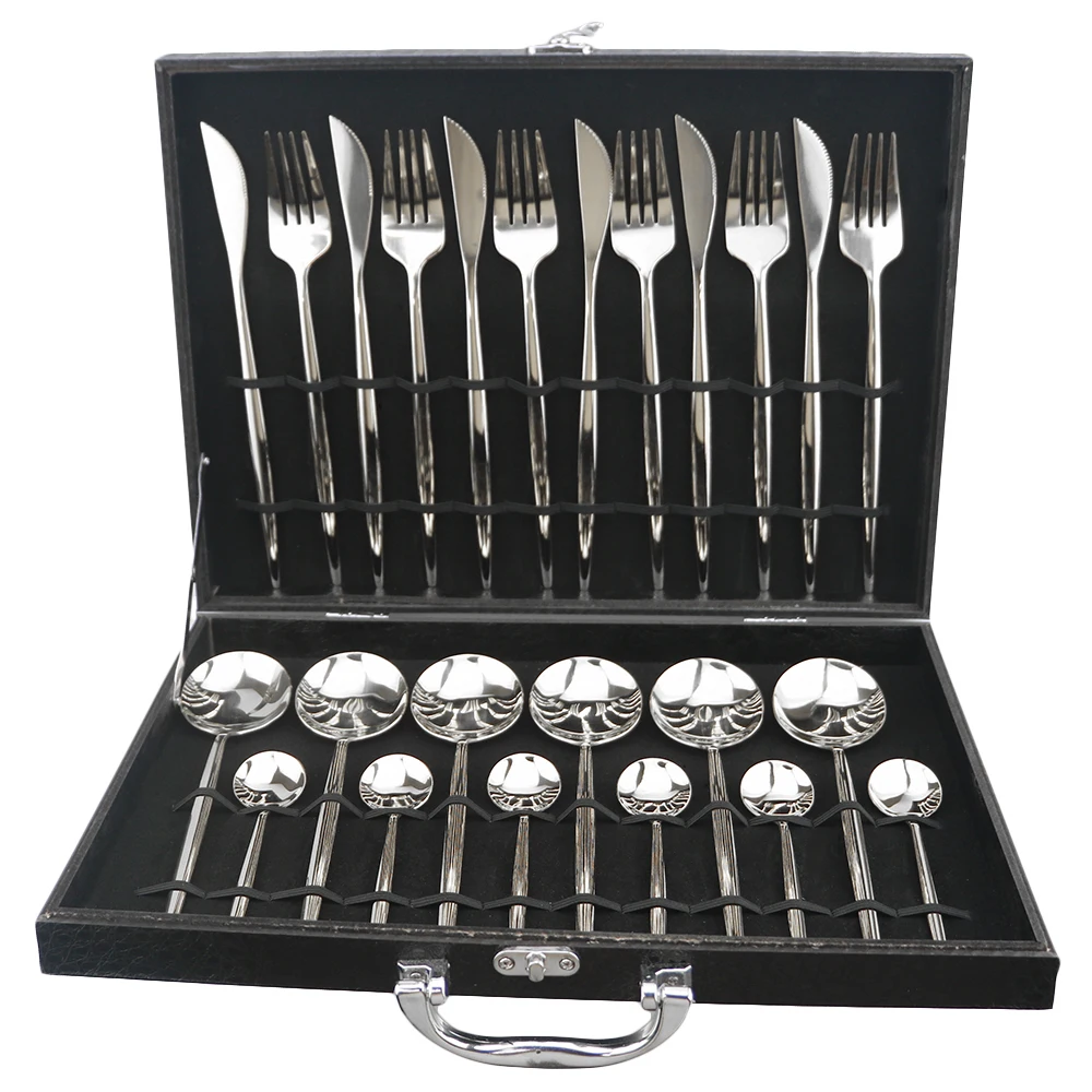 

24Pcs Silver Dinnerware Set 304 Stainless Steel Cutlery Set Knife Fork Spoon Mirror Tableware Set Party Kitchen With Gift Box