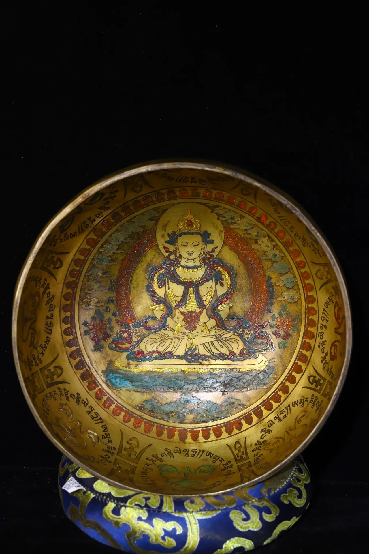 

10"Tibet Temple Collection Old Bronze Gilt Painted Longevity Buddha Eight Treasures Bowl Sound Bowl Amulet Dharma Town House