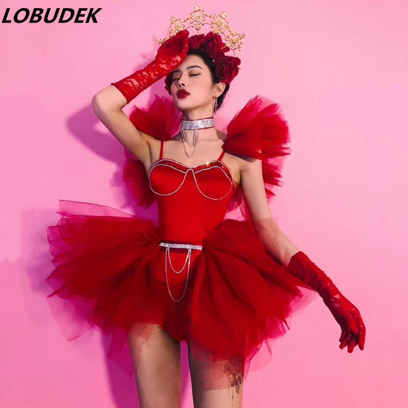 Bar Nightclub Women Singer Sexy Stage Wear Red Tutu Skirt Bodysuit Rose Headdress Outfits Club Party Dancer Models Show Costume