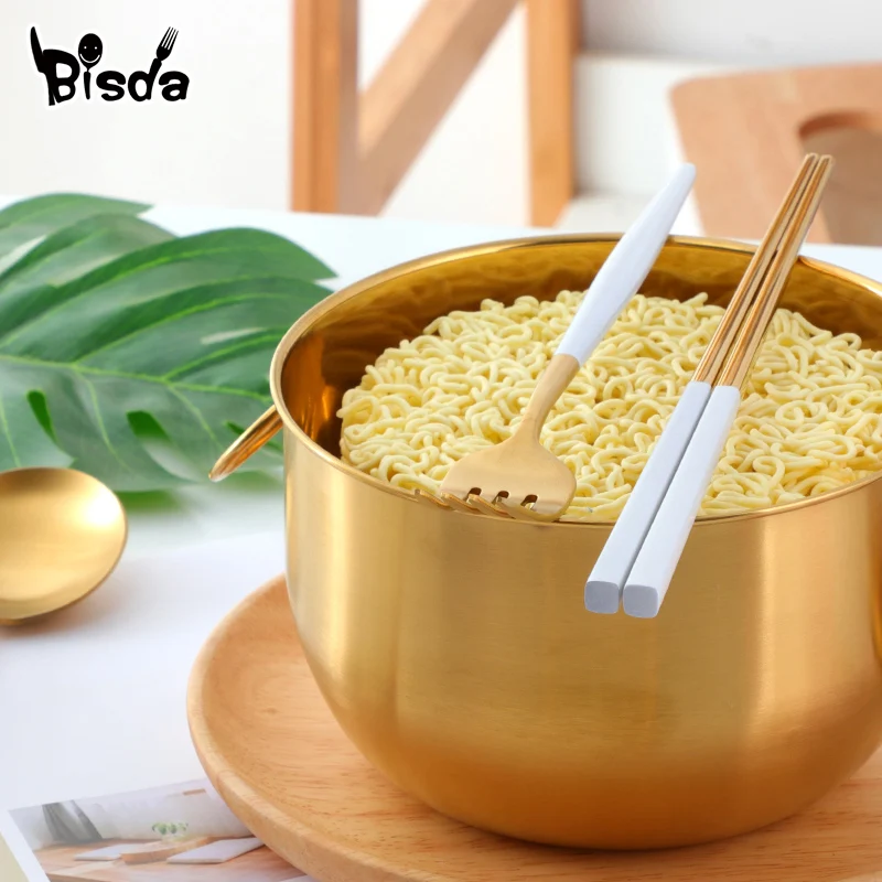 Stainless Steel Bowl With Lid and Handle Golden Instant Noodle Bowls Soup Food Container Silverware Rice Bowl Kit Dinnerware