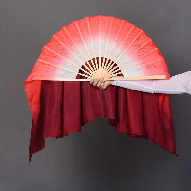 Double Side 100% Echte Zijde Bamboe Dance Fan Chinese Traditionele Buikdansen Fans Folk Art Korte Fans Wit-Rood gradiënt Kleur