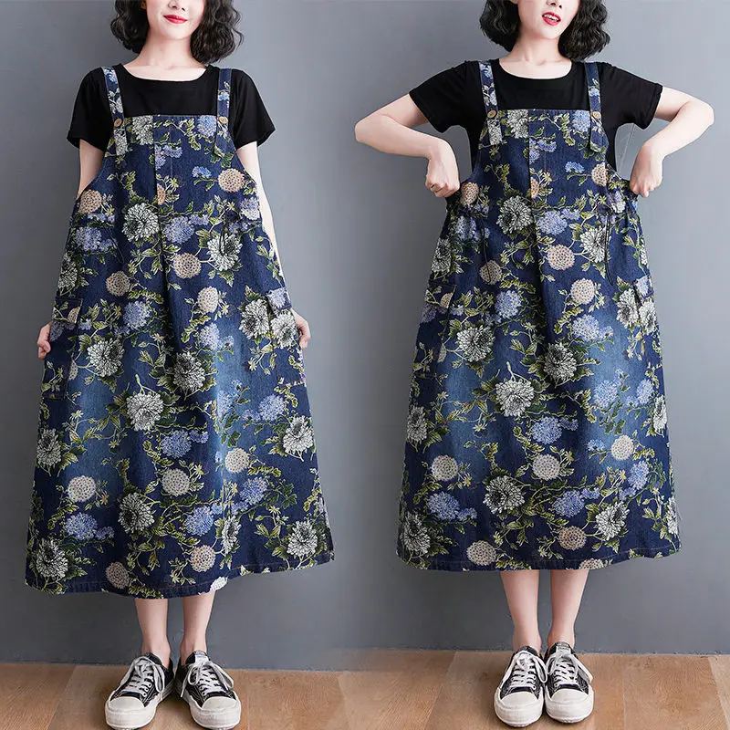 Denim Print Suspender Dress Female Summer 2021 New Retro Large Size Split Dress Trendy Vintage Flower Jeans Sundress Women zh721