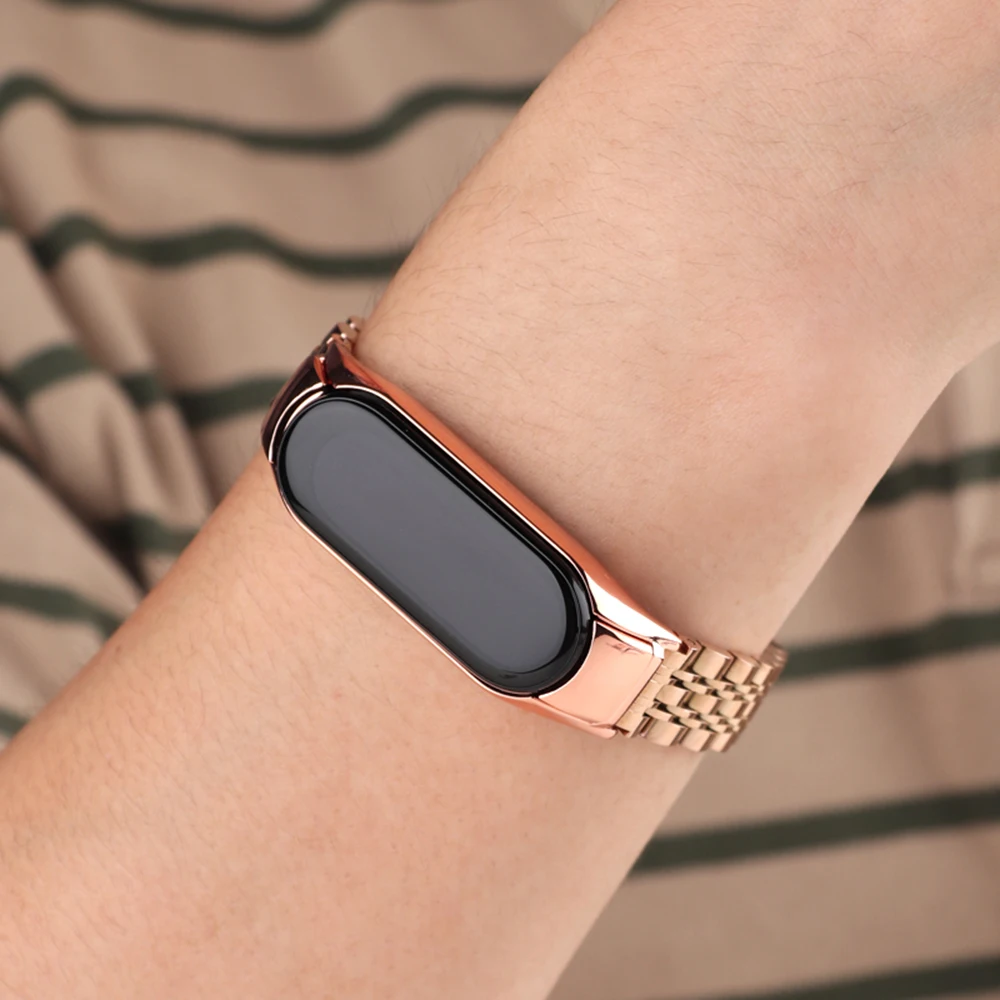 Watch Bands Mi Band 8 4 5 6 7 Bracelet Stainless Steel Wristband for Xiaomi Mi Band 5 Wrist Strap Metal Accessories Rose Gold