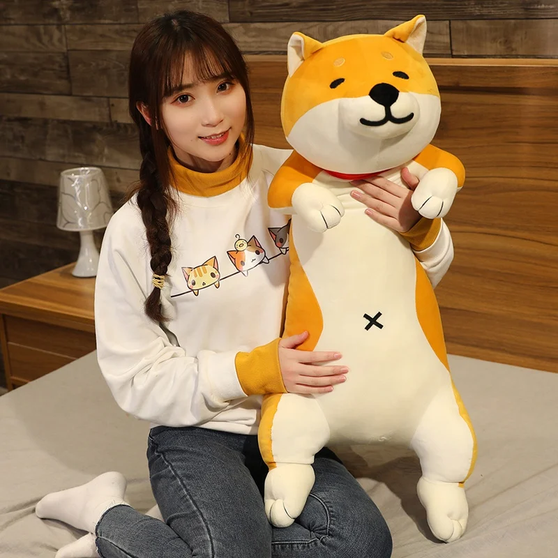 60/90/120cm Lazy Lying Cat Dog Plush Long Pillow Soft Stuffed Cartoon Animal Shiba Inu Doll Sofa Bed Sleeping Pillow Cushion