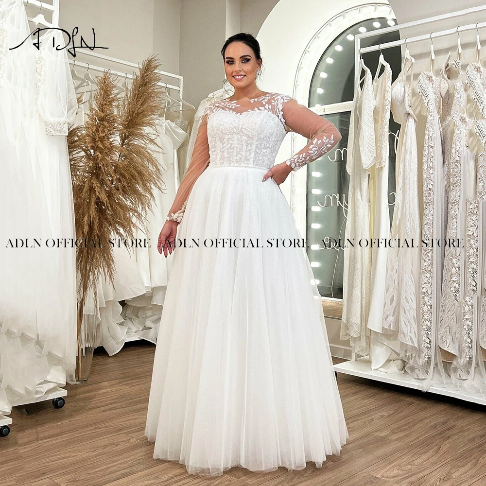 

Elegant Jewel Plus Size Wedding Dresses A Line Floor Length Long Sleeves Bridal Gown Glitter Tulle Appliqued Bride Dress