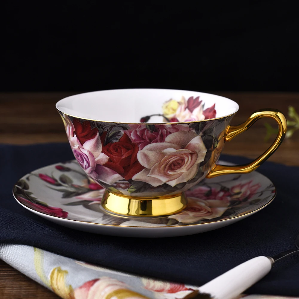 Continental Bone China Coffee Classical Retro Rose  Porcelain Coffee Tea Cappuccino Cups Set with Saucer Creative Birthday Gifts