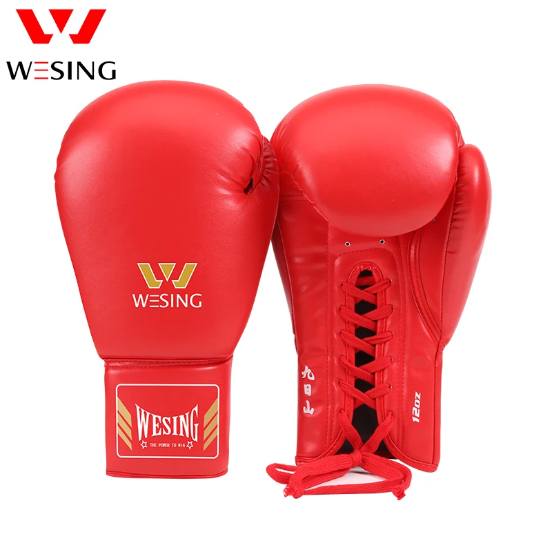 Wesing Lace-Up Boxing Gloves Pro Tied Style Sparring Gloves Large Size Competition Leather Training Muay Thai