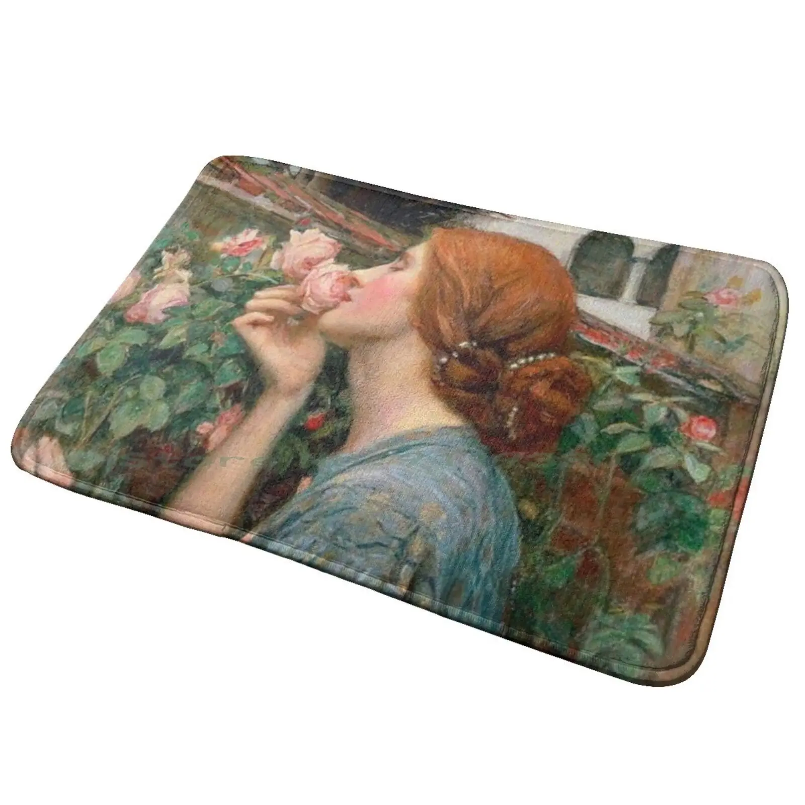 Nice Young Girl Smell The Roses Flowers , Oil Based Paint Entrance Door Mat Bath Mat Rug William Morris Hd Snakeshead Pattern