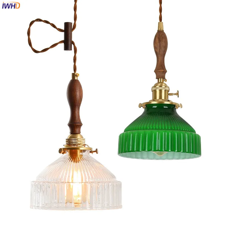 IWHD 2021 New Green Glass LED Pendant Light Fixtures Wood Hangle Copper Socket Bedroom Dinning Room Modern Nordic Hanging Lamp