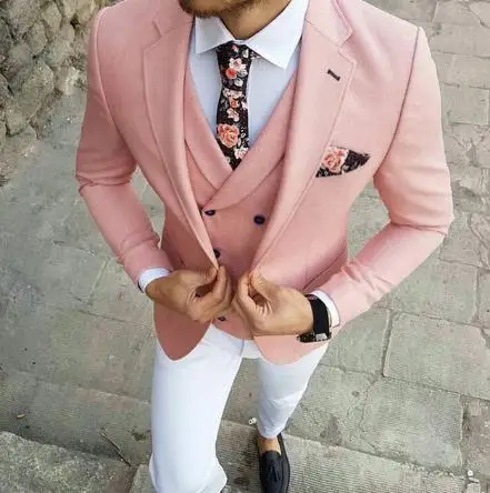 Jaqueta rosa com calça branca ternos masculinos para o casamento de negócios casual fino ajuste terno feito sob medida traje 3 peças (jaqueta + colete + calças