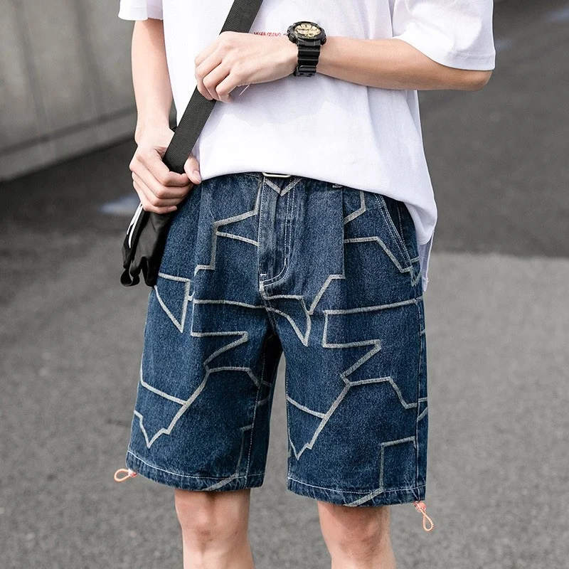 Style Japan Men Casual Jacquard Knee Length Shorts Loose Straight Denim Shorts Multi-Pockets Preppy Short Jeans Plus Size 5XL