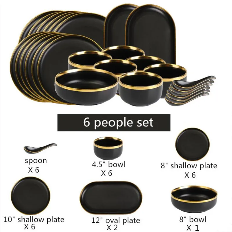 Gilt Rim Black Porcelain Dinner Plate Set Kitchen Plate Ceramic Tableware Food Dishes Rice Salad Noodles Bowl Cutlery Set 1p