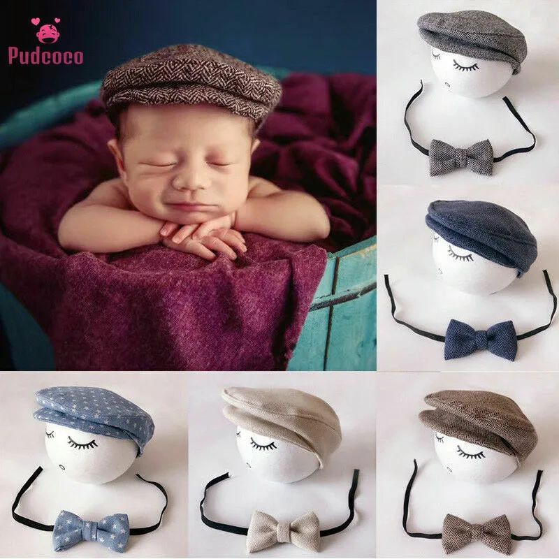 2020 Newborn Photo Props Baby Boys Beret Hat + Bow Tie Set Newborn Newborn Photography Props Gentleman Cap Photo Outfit