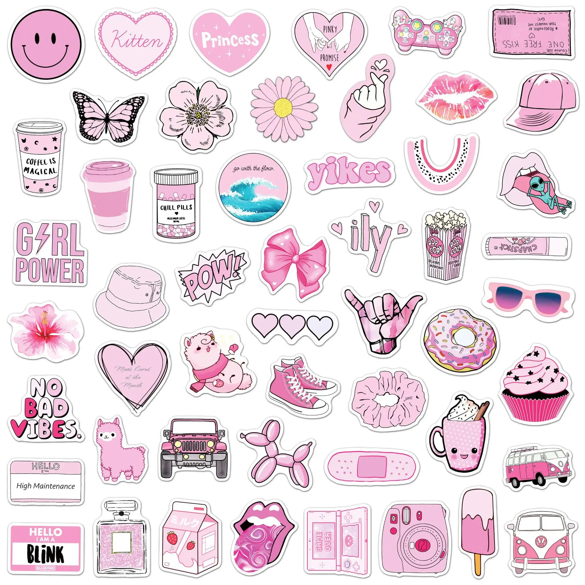 50PCS Pink VSCO Cute Girl Stickers Aesthetic Skateboard Laptop Guitar Graffiti Luggage Car Sticker Waterproof Decal Toys