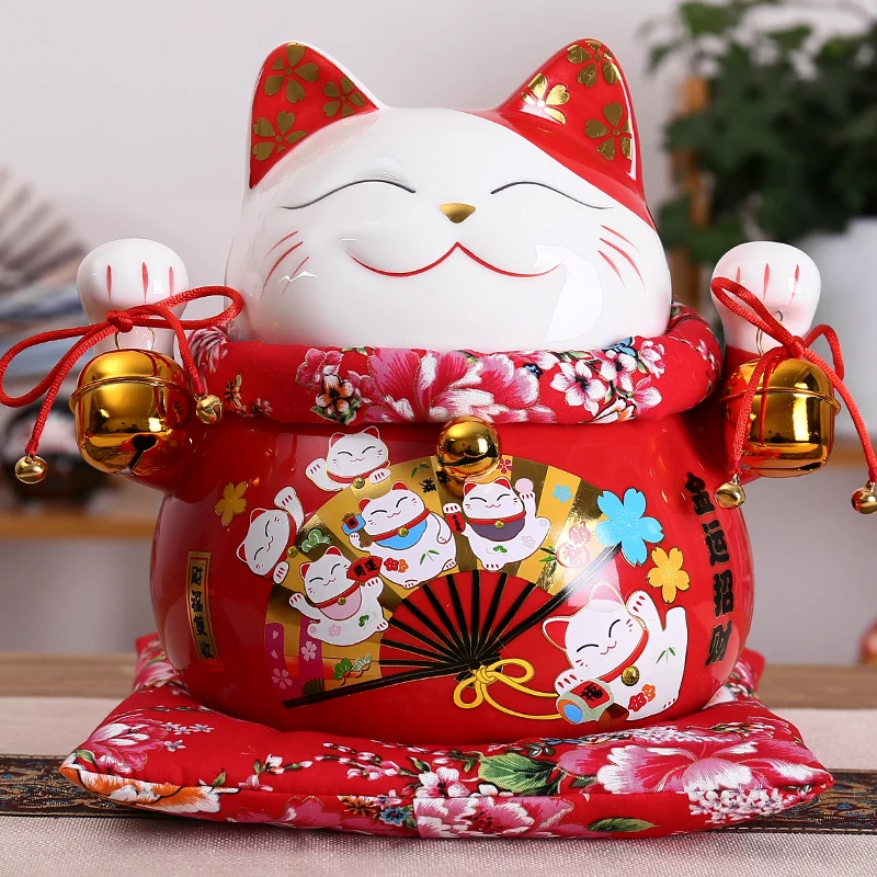 10 inch Ceramic Maneki Neko Ornament Lucky Cat Money Box Fortune Cat Figurine Porcelain Coin Bank FENG SHUI Decoration