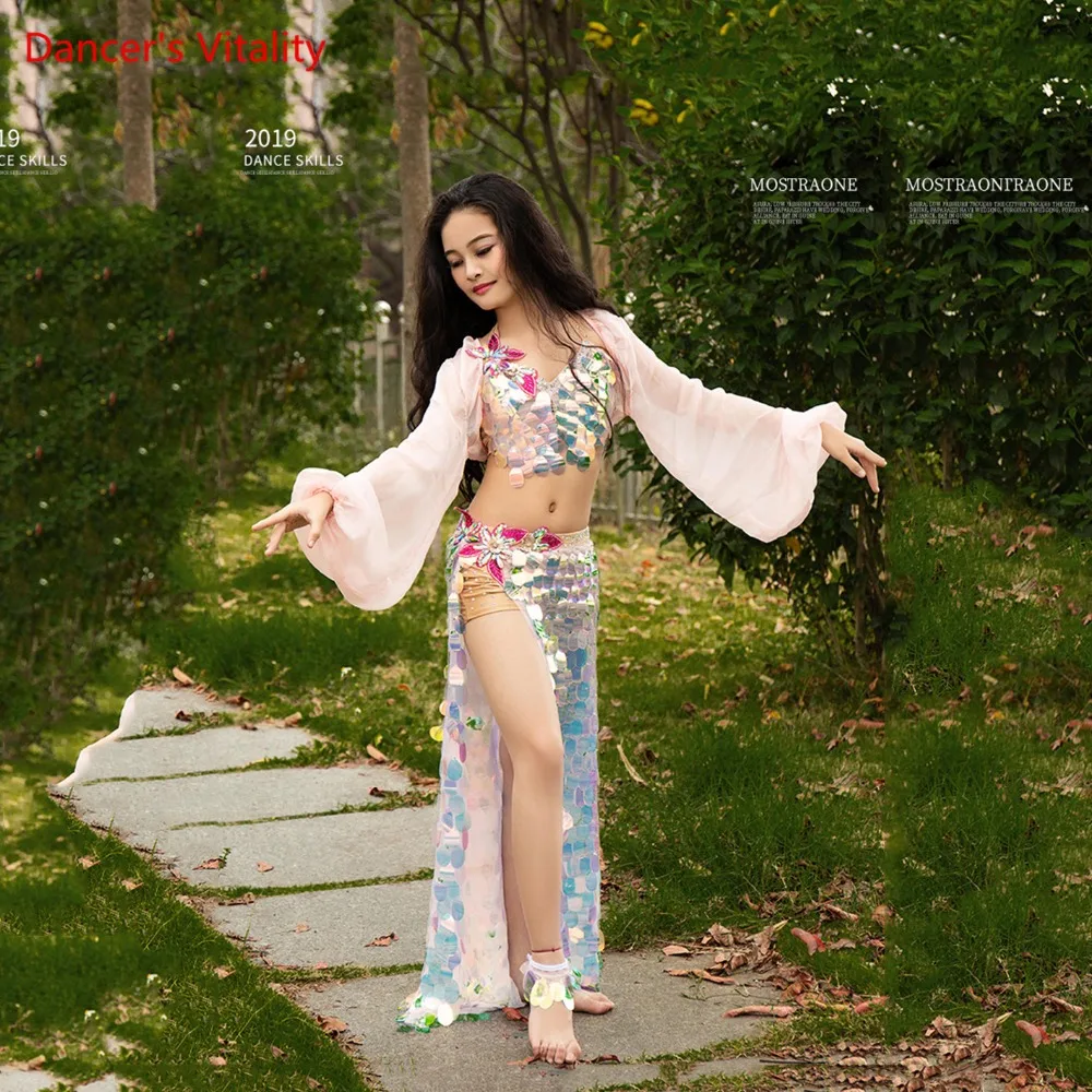 

Girls Performance Stage Belly Dance Performance Suit Set vest+skirt(With Underpants )+jacket New High-Grade Sequins Party set