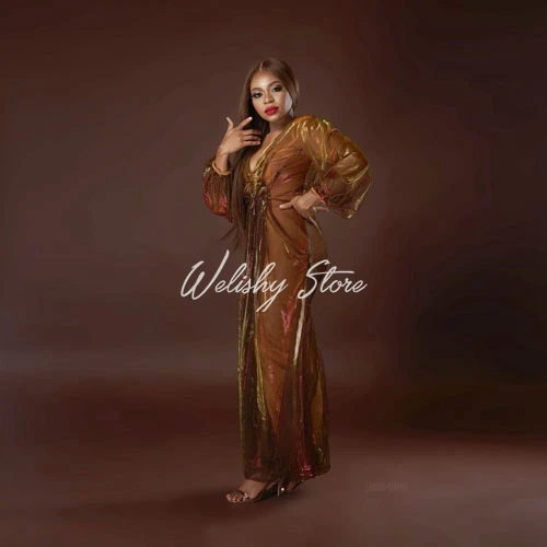 

Shiny A-line Long Sleeves Dresses Women Robe Sexy See Thru V-Neck Lantern Sleeve Ankle Length Party-Dress Custom Made