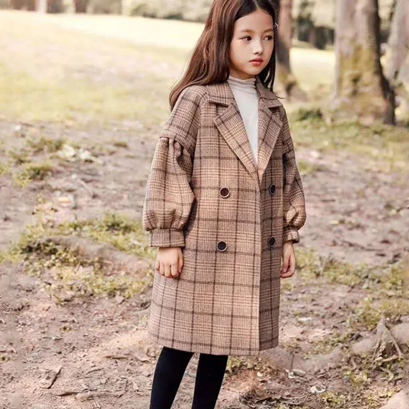 New Children Girls Trench Outerwear Winter Thicken Plaid Jackets Woolen Long Parka Teenager Warm Coat Luxury Design High Quality