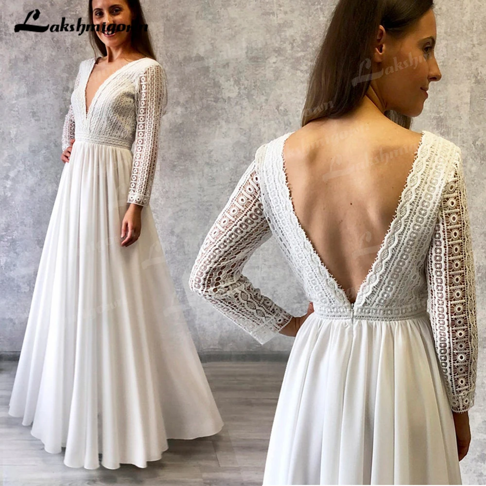 

Lakshmigown Bohemian Wedding Dress 2022 With Open Back and Long Sleeves Deep V-neck Boho ivory bridal dress Robe de mariee