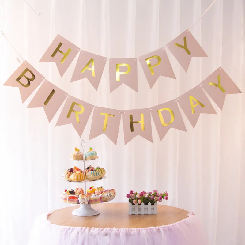 

First Birthday Banner Baby Shower Happy 1 Birthday Bunting Banner Letter Hanging Garlands Pastel Pink String Flags Party Decor