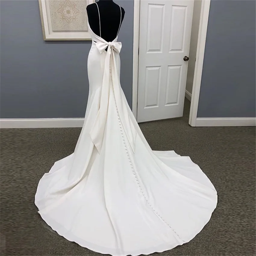 Echte Foto Mermaid Trouwjurken Spaghettibandjes Wit Ivoor Mouwloze Bridal Dress Bow Ruglooze Vestido De Noiva 2019