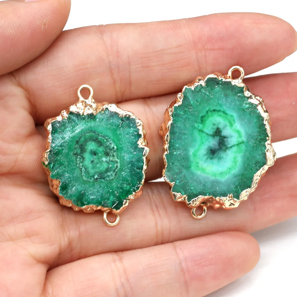 Natural Stone Green Agates Druzy Pendant Irregular Quartz Double Hole Connector Charms for Jewelry Making DIY Bracelet Necklace