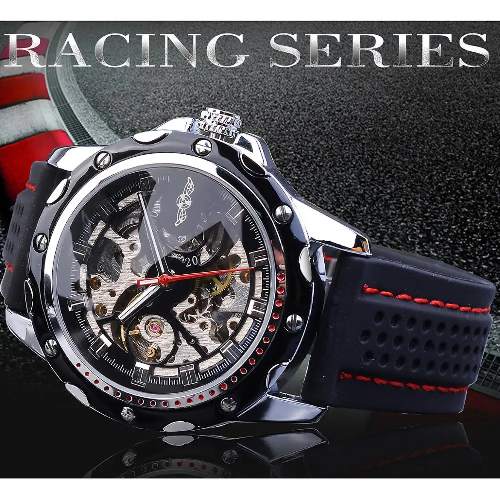 Winner Black Men Military Mechanical Watch Automatic Skeleton Self Wind Analog Racing Sport Silicone Strap Male Reloj Wristwatch