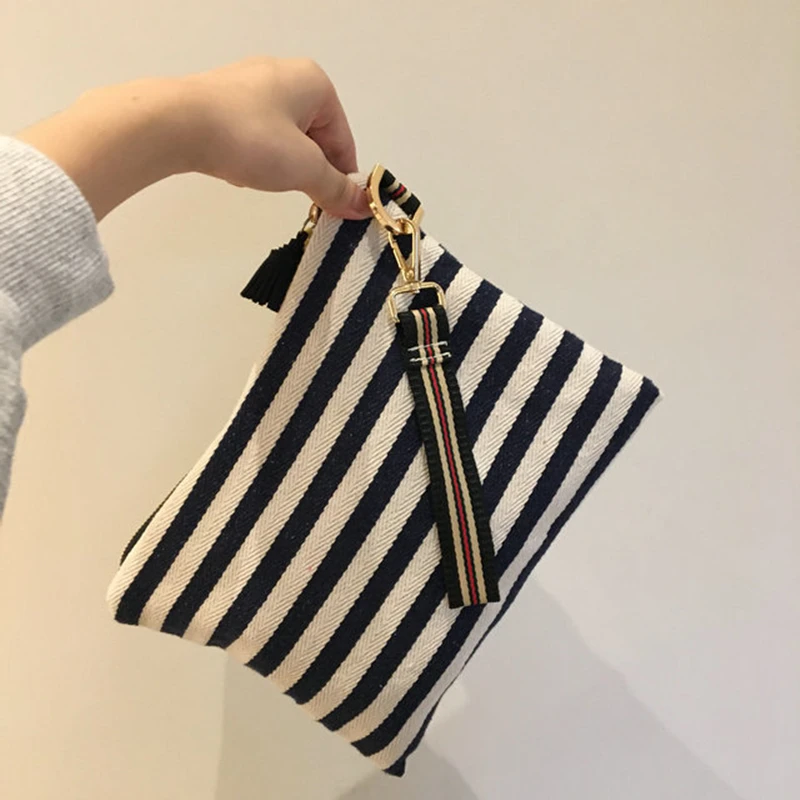 Fashion Stripe Cosmetic Bag Tassel Pendant Makeup Bag Thickened Women Travel Cosmetic Pouch Beauty Tool Bags Organizer