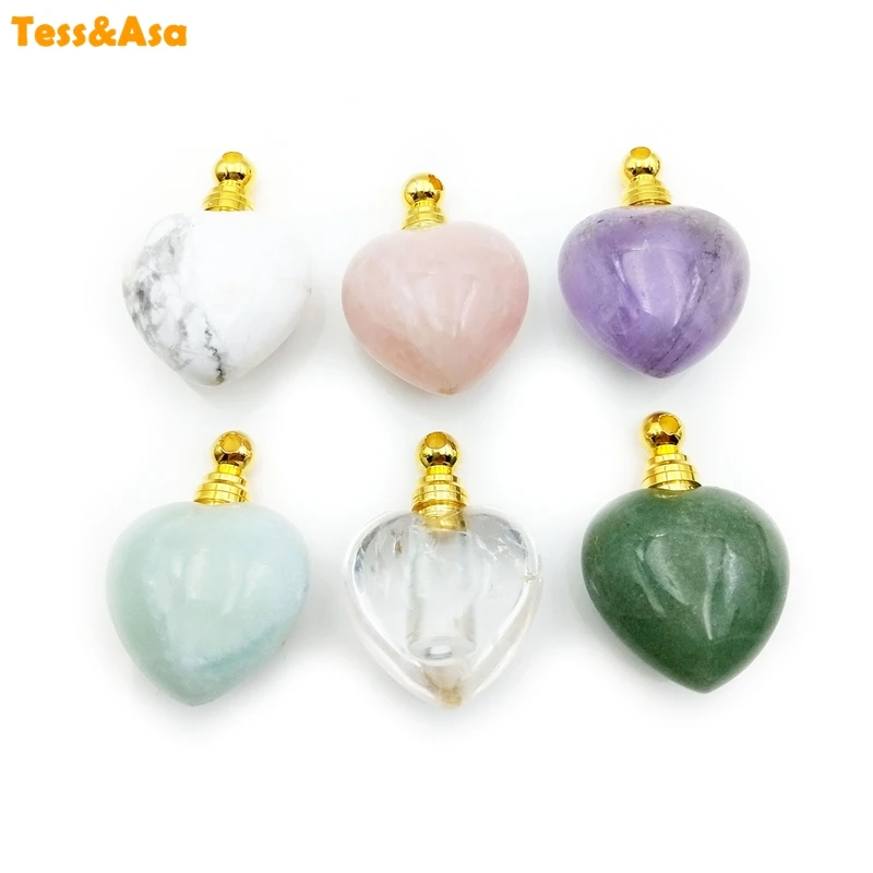 Natural Heart shape gems perfume bottle pendant amethysts rose crystal quartz essential oils diffuser stone vial for necklace