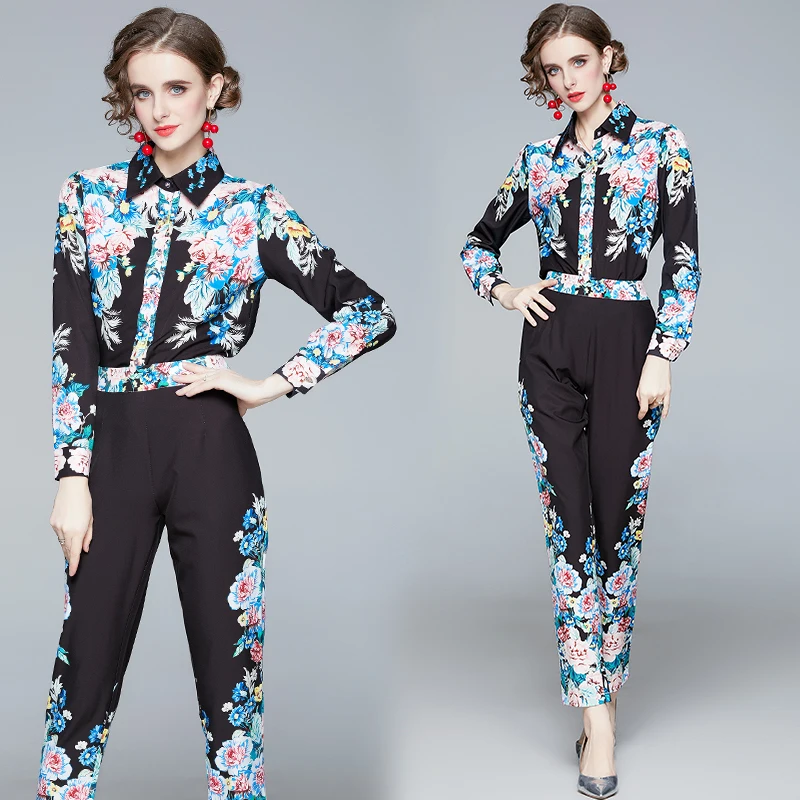 Fashion Runway Designer Suit Set Autumn Women\'s Long Sleeve Vintage Print Tops + Pocket Pencil Pants Two Piece Set