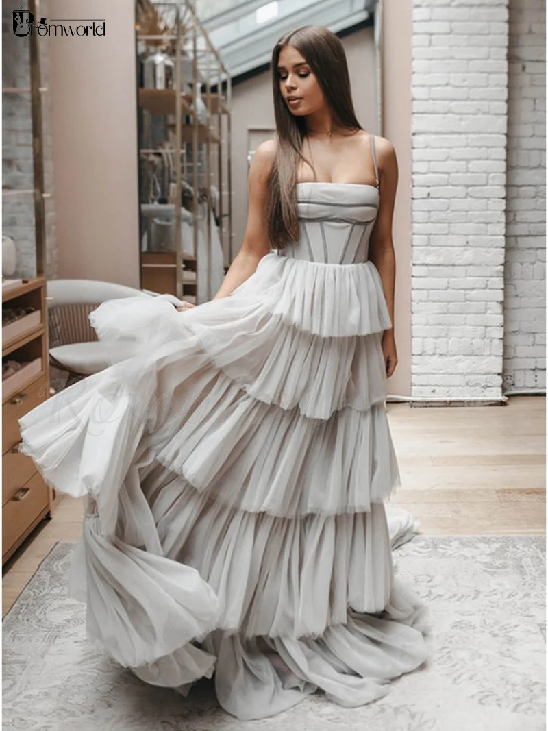 Light Grey Prom Dresses Long Tiered Tulle Pageant Evening Gowns 2024 A-Line Robe De Doirée Formal Party Dress