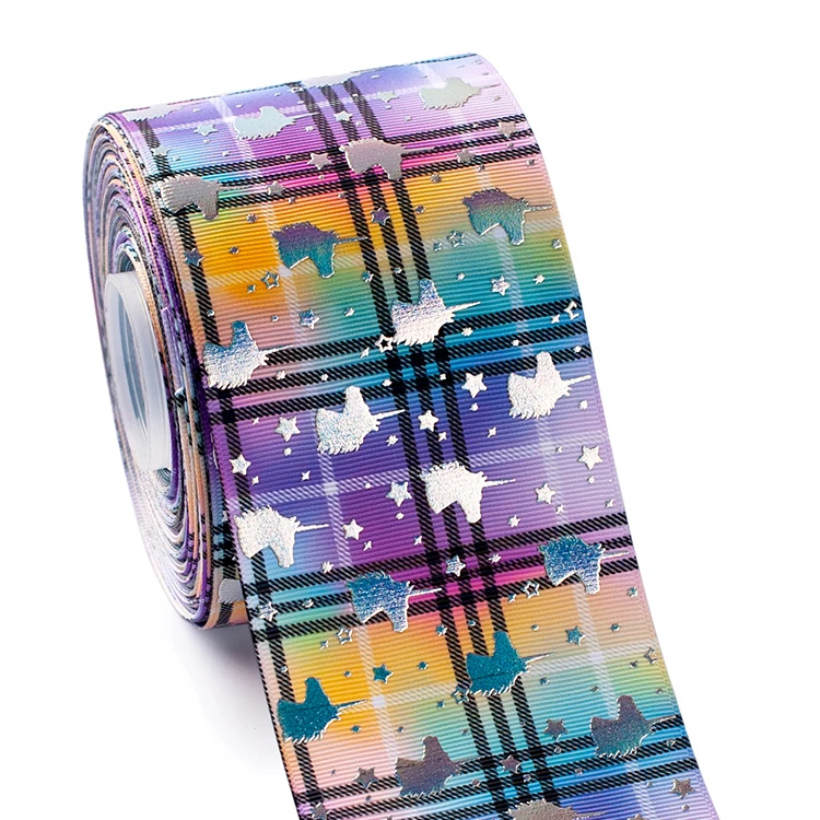 

Winsome 75mm 3inch 50yard sliver foil little unicorn printed colorful pattern grosgrain ribbon