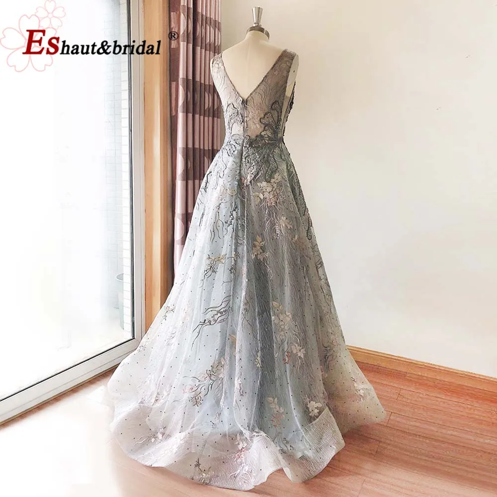 Elegant Dubai Aline Evening Dress for Women 2024 Lace Crystal Handmade V Neck Sleeveless Long Formal Prom Party Gown Customized