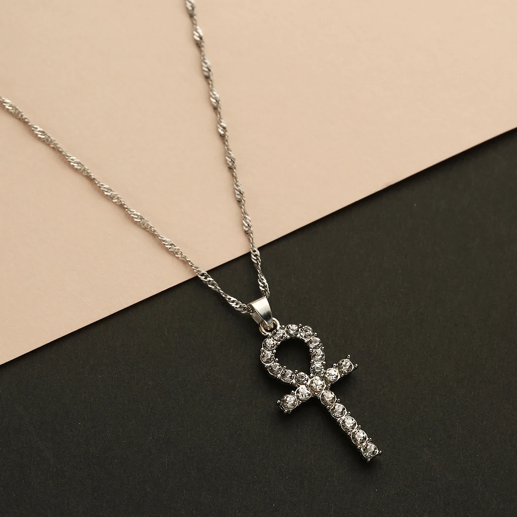 QIMING Amulet Ankh Cross Pendant Necklace Women Men CZ Crystal Egyptian Key Of Life Pendant Necklace Religious Jewelry