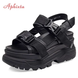 Aphixta 8Cm Platform Sandalen Vrouwen Wedge Hoge Hakken Schoenen Vrouwen Gesp Lederen Canvas Zomer Zapatos Mujer Wiggen Vrouw Sandaal