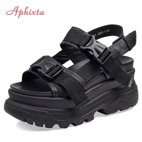 Aphixta 8cm 플랫폼 샌들 여성 웨지 하이힐 신발 여성 버클 가죽 캔버스 여름 Zapatos Mujer 웨지 여성 샌들