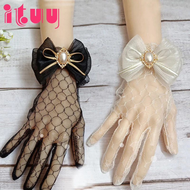 Gants Lolita en dentelle faits à la main, fille douce japonaise, fête de thé, mariage, magnifique, nœud d'été, perles, mitaines, accessoire