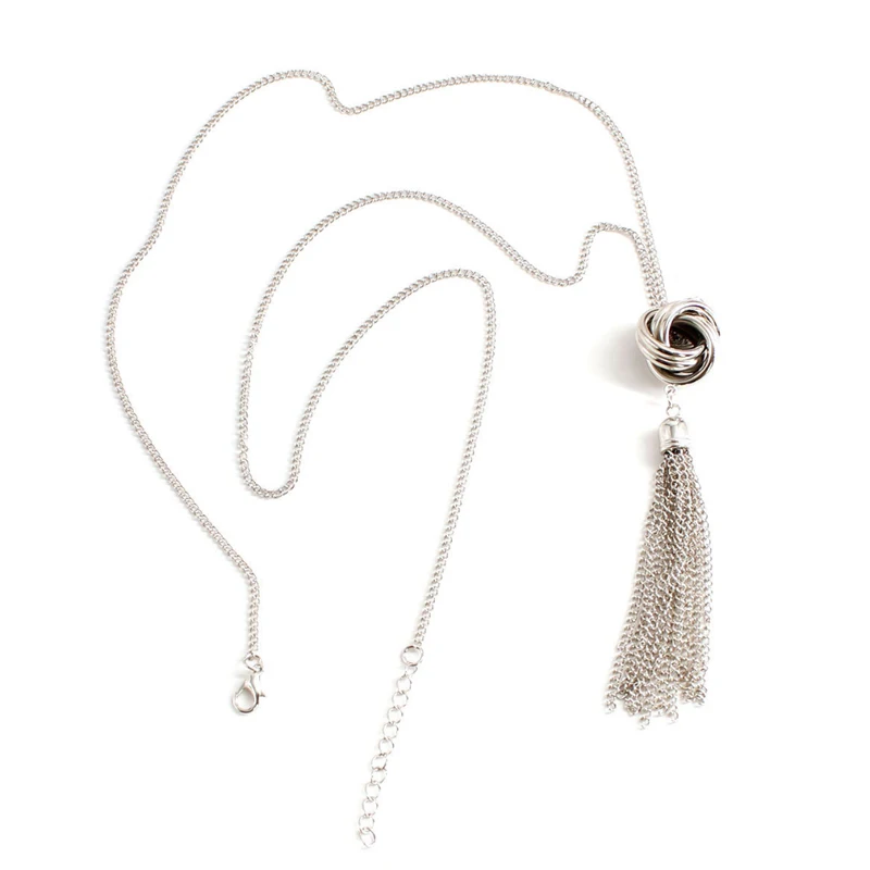 Long pendant necklace sweater Necklace circle pendant with tassel silver color plated Metal Chain