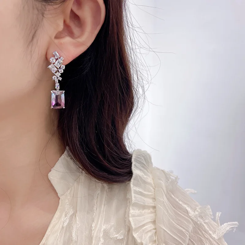 

Buyee 925 Sterling Silver Female Big Earring Crystal Long Stud Earring for Women Fashion Luxury Wedding Fine Jewelry Earring