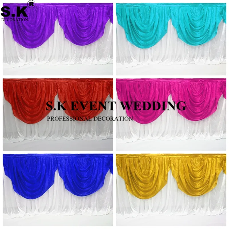 30ft Long White Ice Silk Table Skirt Cloth With Colorful Swag Draping For Round Rectangle Table Decoration Wedding Event Deco