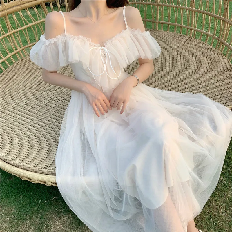 Summer Sexy Sweet Lolita Dress Women Low Chest Off Shoulder Bandage Fairy Mesh Dress Female Beach Boho Spaghetti Strap Dresses