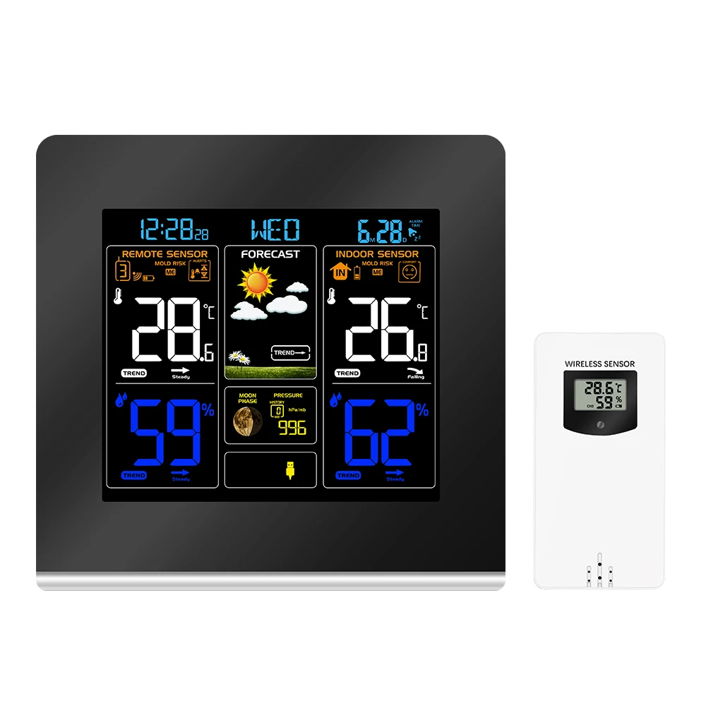 Protmex 3379C Digital Weather Station with Colorful Wireless Wall Sensor Hygrometer Thermometer Clock - Temperature Monitor